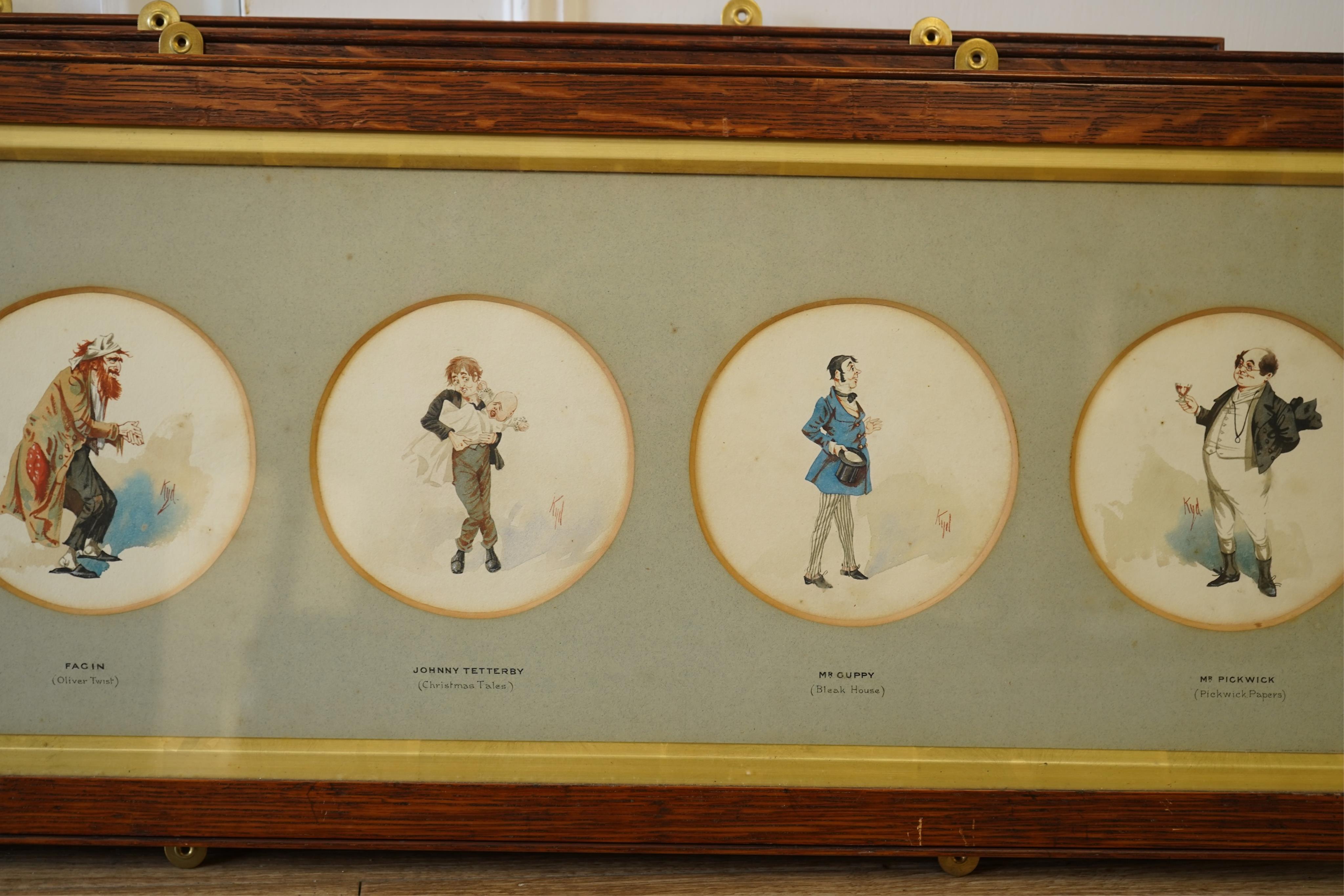 Joseph Clayton Clarke (KYD, 1857-1937), Dickens caricatures to include: Mr Bumble from Oliver Twist, Old Weller from Pickwick Papers and Quilp from Old Curiosity Shop, each signed, sixteen tondo watercolours, framed as f
